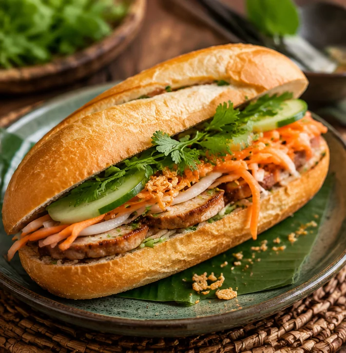 Num Pang, sandwich cambodgien garni de viande, crudités et coriandre