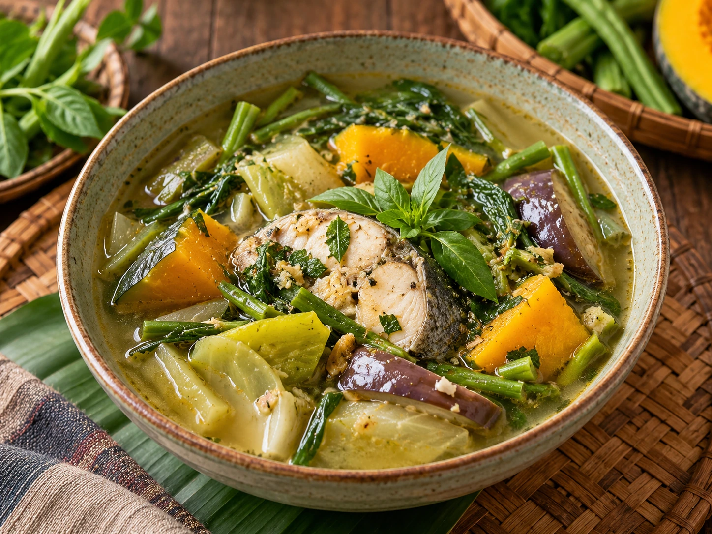 Samlor Kako, soupe khmère au poisson, courge, aubergines et légumes verts