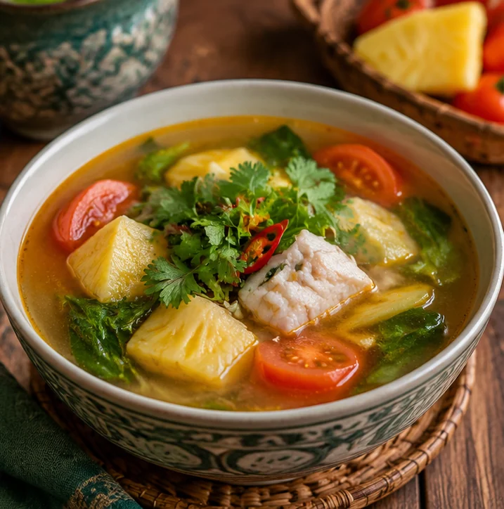 Samlor Machu, soupe cambodgienne acidulée au poisson, ananas, tomate et herbes