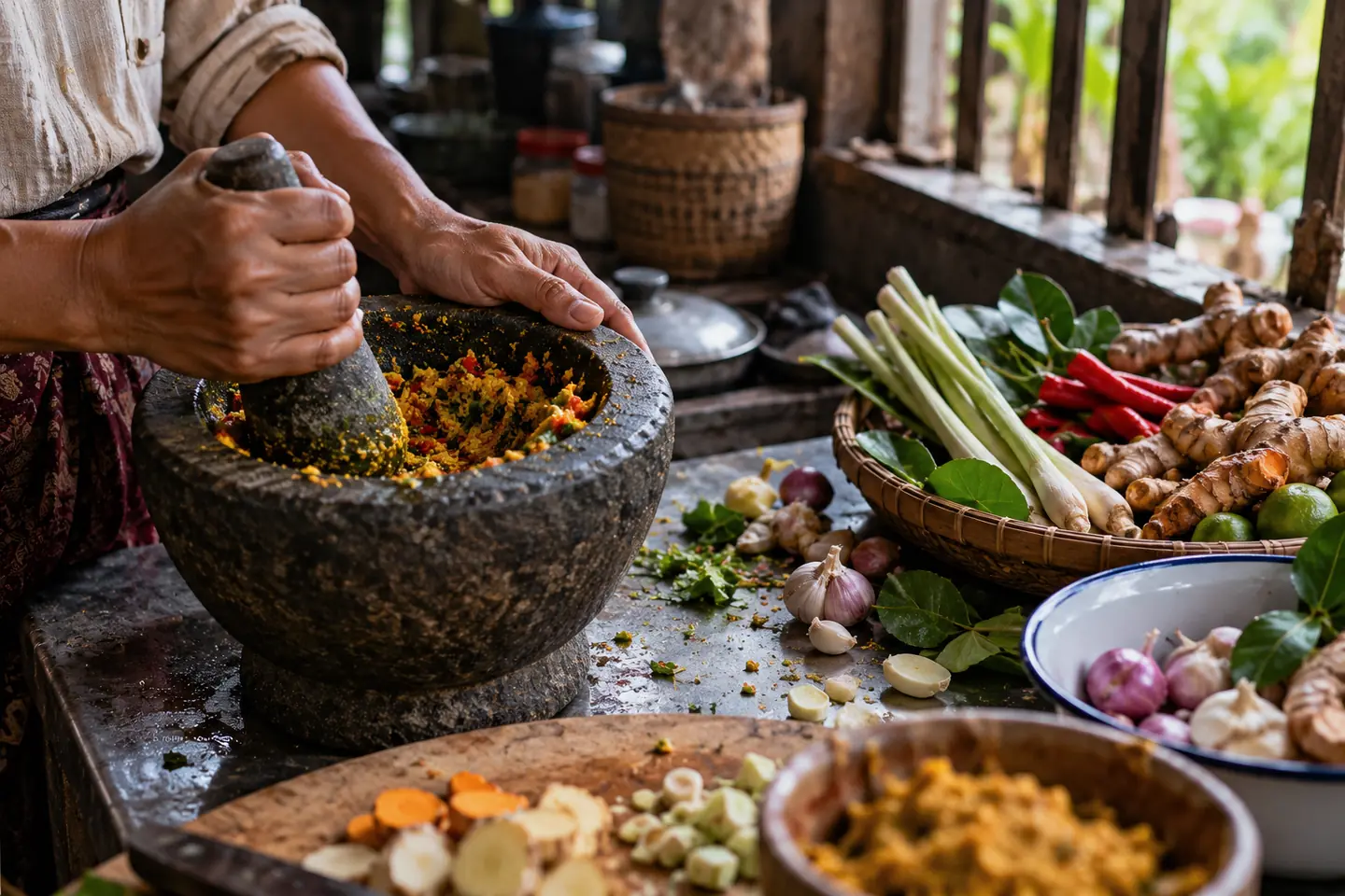 Un petit pot de pâte aromatique kroeung jaune, prêt à parfumer une préparation cuite